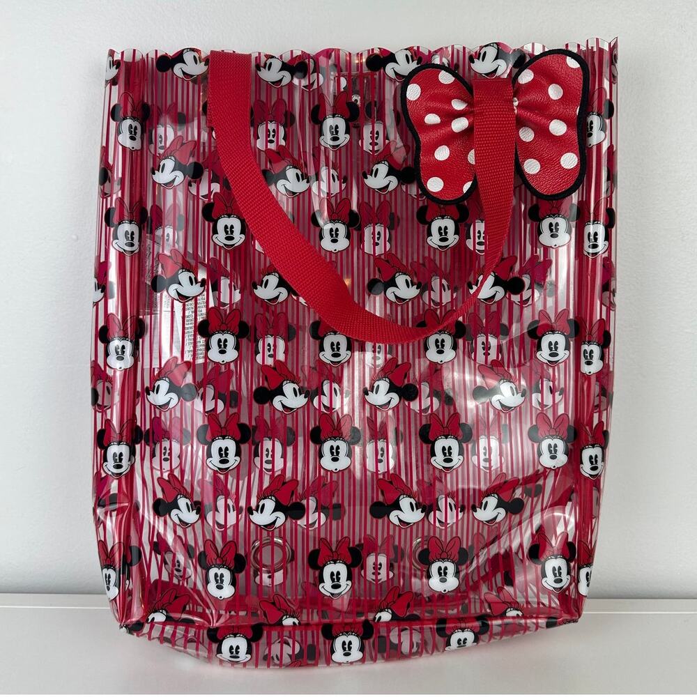 Disney Parks Womens Minnie Mouse Face Bow Print Red/Clear Striped Tote Bag OS